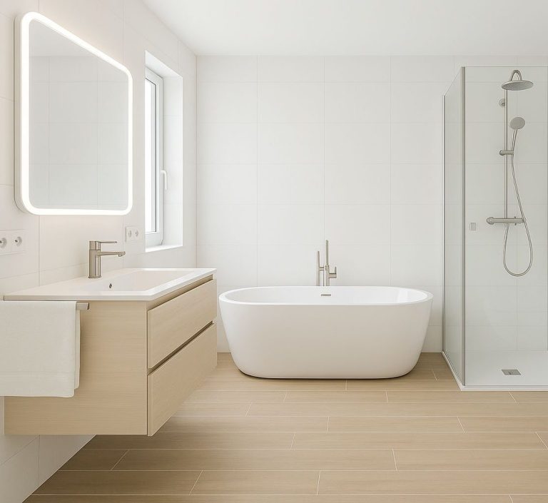 Modernes Badezimmer mit LED-beleuchtetem Spiegel & funktionalem Waschtisch, Boden Fliesen in Holzoptik.