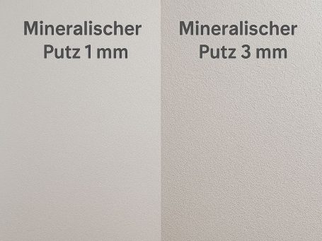 Strukturputz im Vergleich – 1 mm vs. 3 mm Körnung Feine vs. grobe Struktur:
Links: Mineralputz 1 mm – dezent & modern.
Rechts: Mineralputz 3 mm – markant & lebendig.