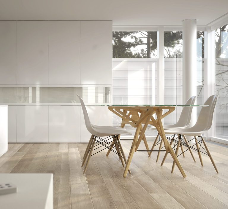 Moderne Wohnung mit Glas-Tisch, Boden Fliesen in Holzoptik.