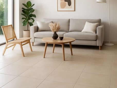 Neuverlegte Fliesen im Wohnzimmer sorgen für klare Linien, moderne Optik und ein sauberes Fugenbild – ideal für stilvolle Wohnräume.
