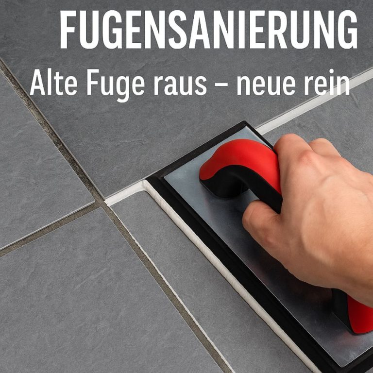„Eine alte, brüchige Fuge wurde vollständig entfernt. Ein Fugenbrett verteilt frischen weißen Fugenmörtel zwischen grauen Bodenfliesen.“