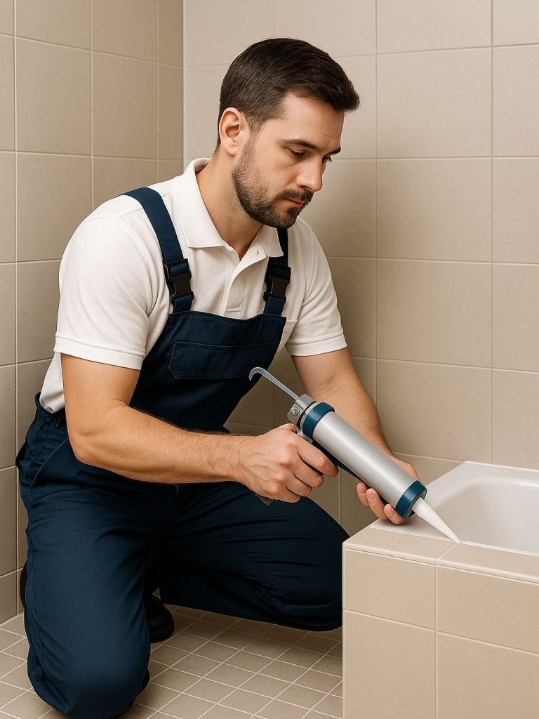 Porträt eines erfahrenen Handwerkers im Bereich Fliesen- und Fugenarbeiten. Im Hintergrund moderne Fliesenwand.