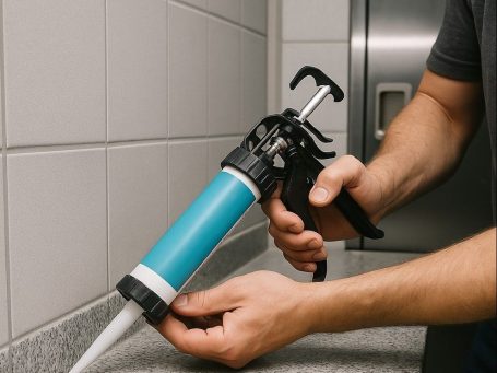 Badezimmer mit frisch ausgetauschten Silikonfugen und ersetzten Bodenfliesen – Kleinere Schäden und Reparaturen im Bad.