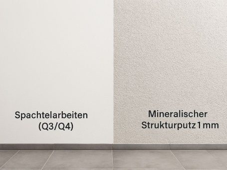 Q3/Q4 Spachtelarbeiten vs. Mineralputz – Glatt trifft Struktur Glatt & strukturiert im Vergleich:
Links: Q4-Spachtelung – perfekt glatt.
Rechts: 1 mm Mineralputz – robust & dekorativ.