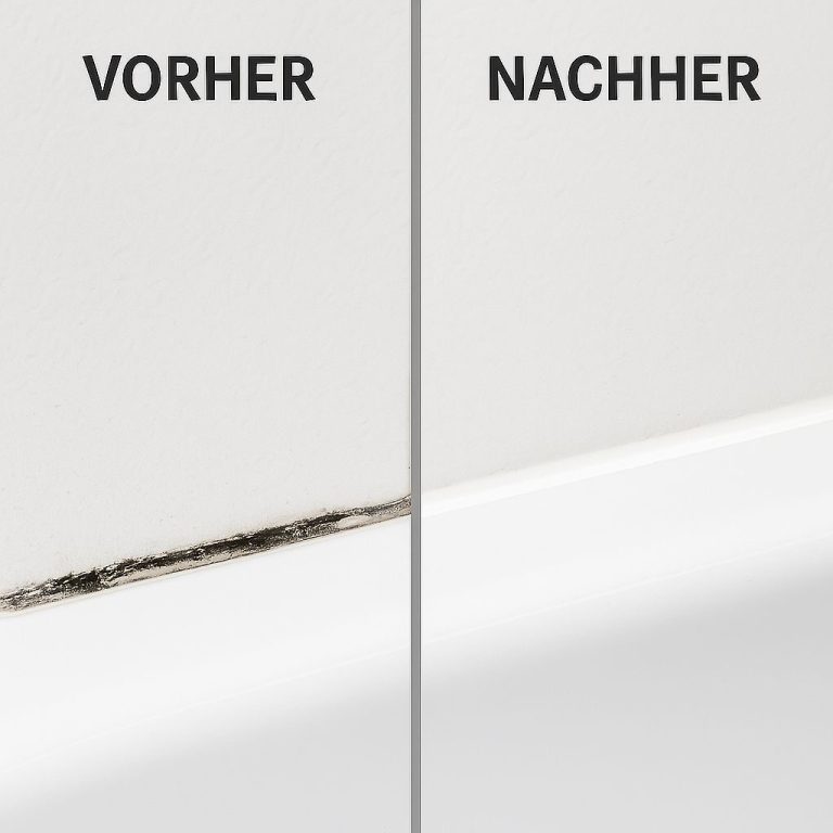 Silikonfugen im Vergleich – Vorher und Nachher Nahaufnahme eines Badewannenrandes mit Silikonfuge: links beschädigt und verschimmelt (Vorher), rechts erneuert und sauber (Nachher)