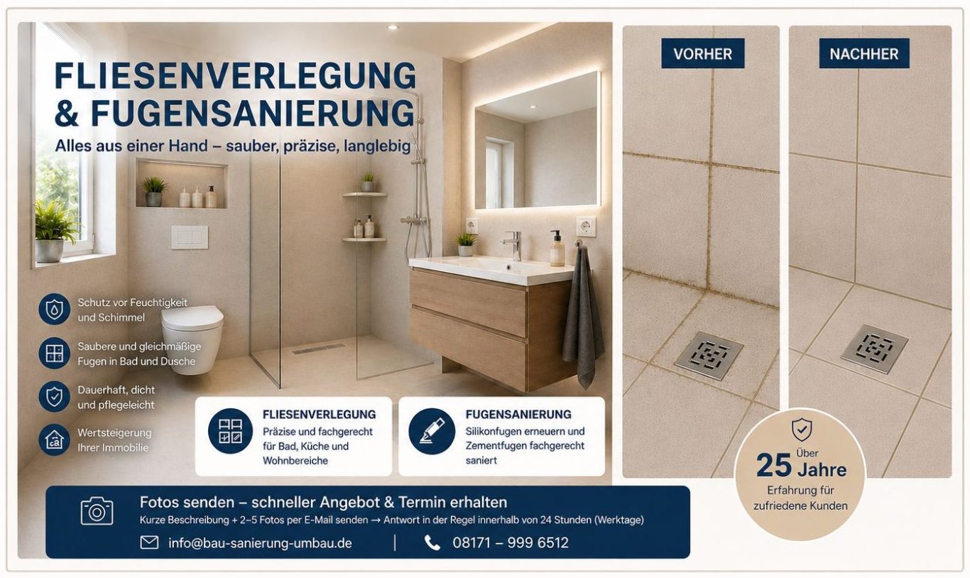 Professionelle Fliesenverlegung, Fugensanierung und Silikonfugen erneuern in Wolfratshausen und Umgebung. Saubere, präzise und langlebige.