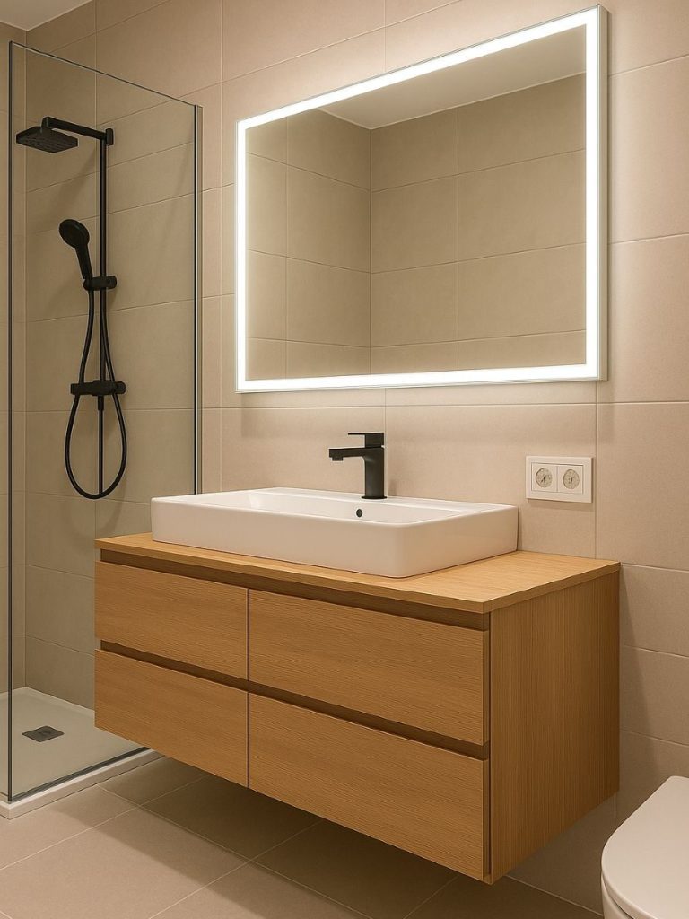 Modernisierte Badezimmeransicht nach Reparaturarbeiten: neue weiße Steckdosen, elegantes LED-Spiegeldesign, moderne Duscharmatur und sauber 