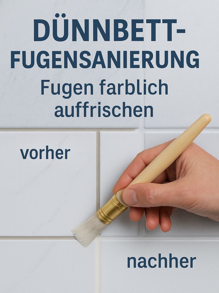 „Eine Hand trägt mit einem Pinsel eine dünne Schicht Fugenfarbe auf vergilbte Fliesenfugen auf. Links die alte Fuge – rechts sichtbar aufgef