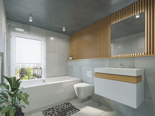 Modernes Badezimmer mit Badewanne, Waschtisch und Holzverkleidung an der Wand.
