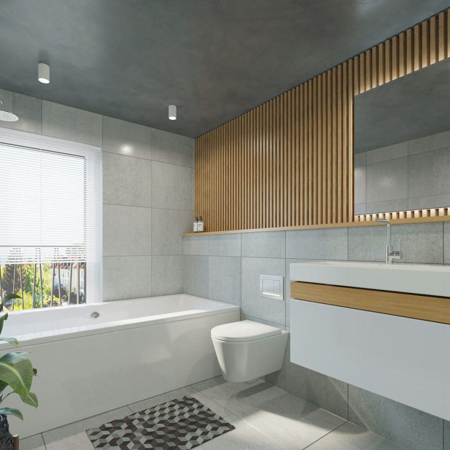 Modernes Badezimmer mit Badewanne, Holzdetails und großer Fensterfront.