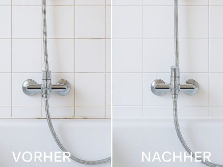 Optische Erneuerung durch die Dünnbettmethode und Austausch von Silikonfugen im Bad: neue Abdichtung mit weißem, schimmelresistentem Silikon
