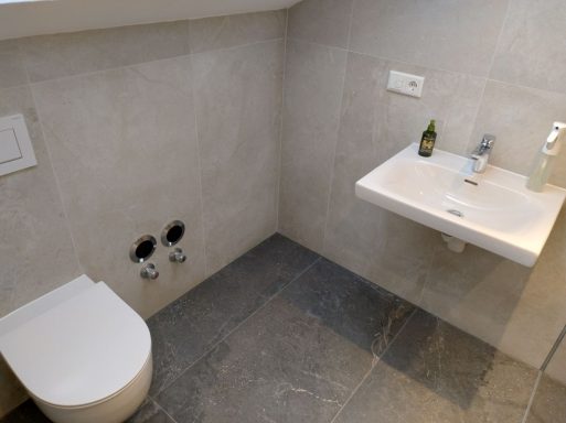 Kleines Badezimmer mit Dusche und Großformatfliesen (120&nbsp;×&nbsp;60) in Marmoroptik – helle Wandfliesen und dunklere Bodenfliesen