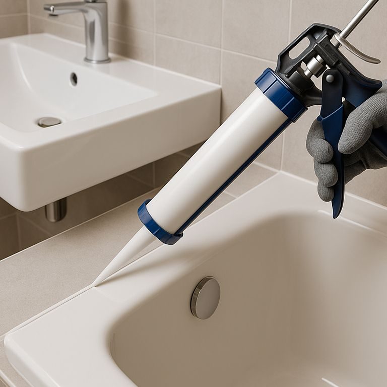 Silikonspritze über dem Rand einer Badewanne und einem Waschbecken.