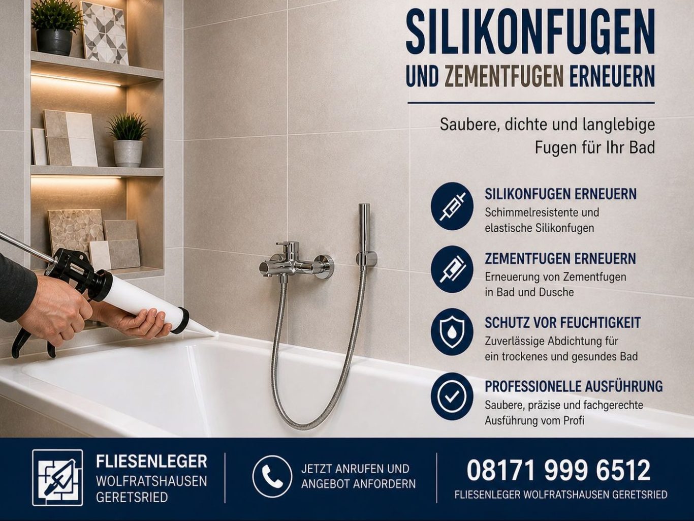 Neue Fugen im Bad – sauber, dicht und langlebig Erneuerung von Silikonfugen und Zementfugen im Bad – saubere, dichte und langlebige Fugen für ein gepflegtes Gesamtbild – Wolfratshausen.