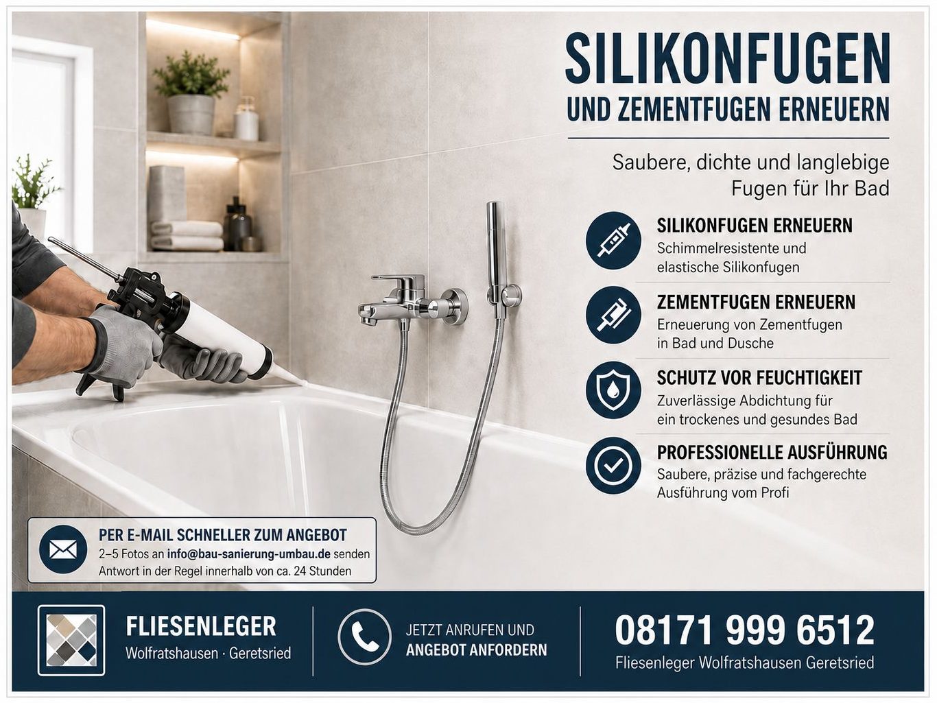 Neue Fugen im Bad – sauber, dicht und langlebig Erneuerung von Silikonfugen und Zementfugen im Bad – saubere, dichte und langlebige Fugen für ein gepflegtes Gesamtbild – Wolfratshausen.