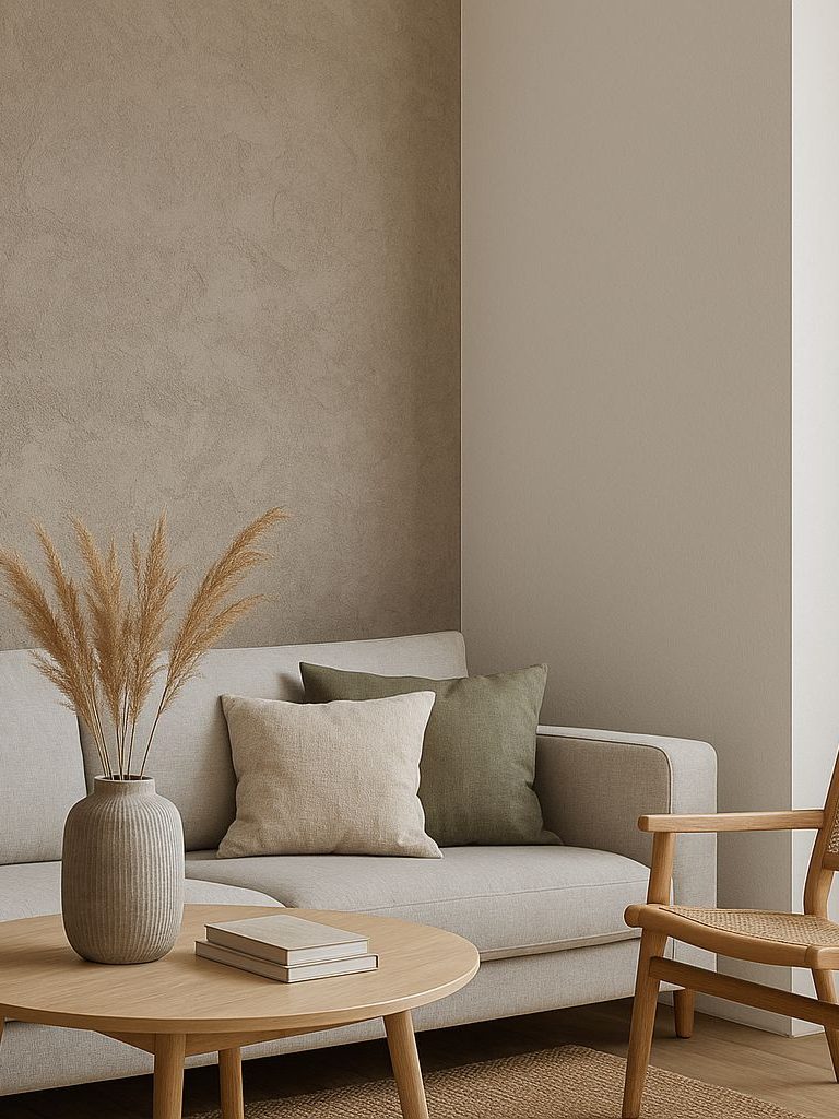 Wandgestaltung im Wohnraum – Q4-Spachtel & 2 mm Mineralputz im Vergleich Moderner Wohnraum mit kombinierter Wandgestaltung: rechts fein verspachtelte Fläche in Q4-Qualität, links strukturierter mineralischer Putz