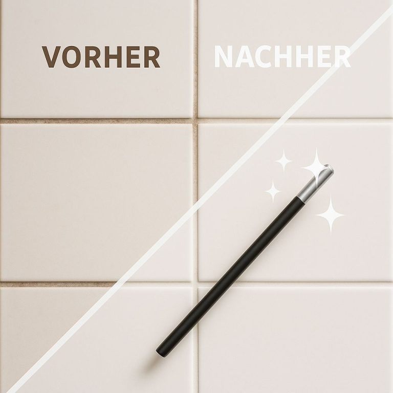 Auf dem Bild sieht man die Verwandlung alter, verschmutzter Fugen in saubere, gleichmäßige Fugen – dank professioneller Fugensanierung. 