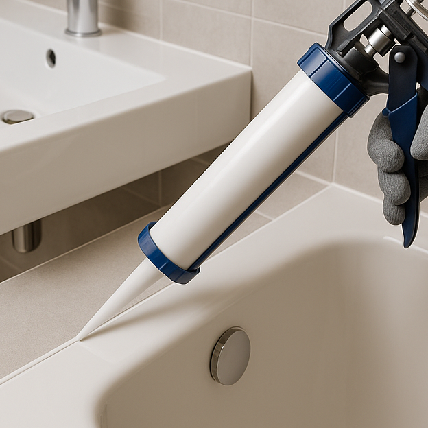 Helle Badewanne aus weißem Material mit elegantem gebogenen Wasserhahn und Fliesenboden. Neu Silikon