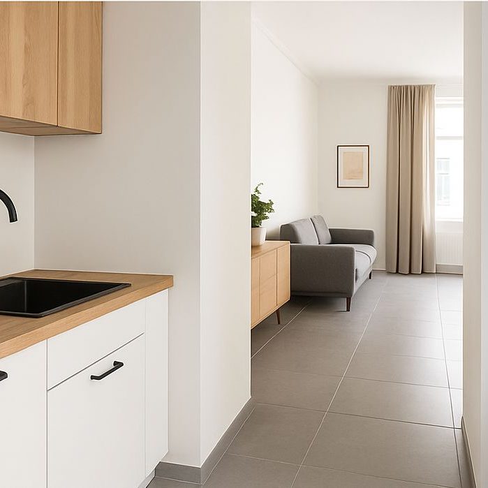 Moderne Küche und Wohnraum mit stilvollen Details und funktionaler Ausstattung Zeitgemäß renovierte Küche mit offenem Übergang zum Wohnraum. Helle Arbeitsplatte, durchdachte Fliesenlösungen und Wand.