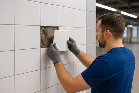 Einzelne beschädigte Fliese ersetzt – schneller Reparaturservice für Gewerbeobjekt